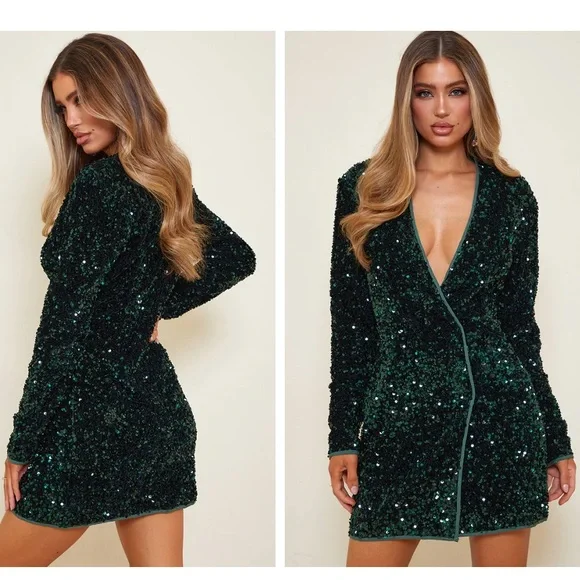 Emerald Green Velvet Sequin Long Sleeve Blazer Dress - Size 0